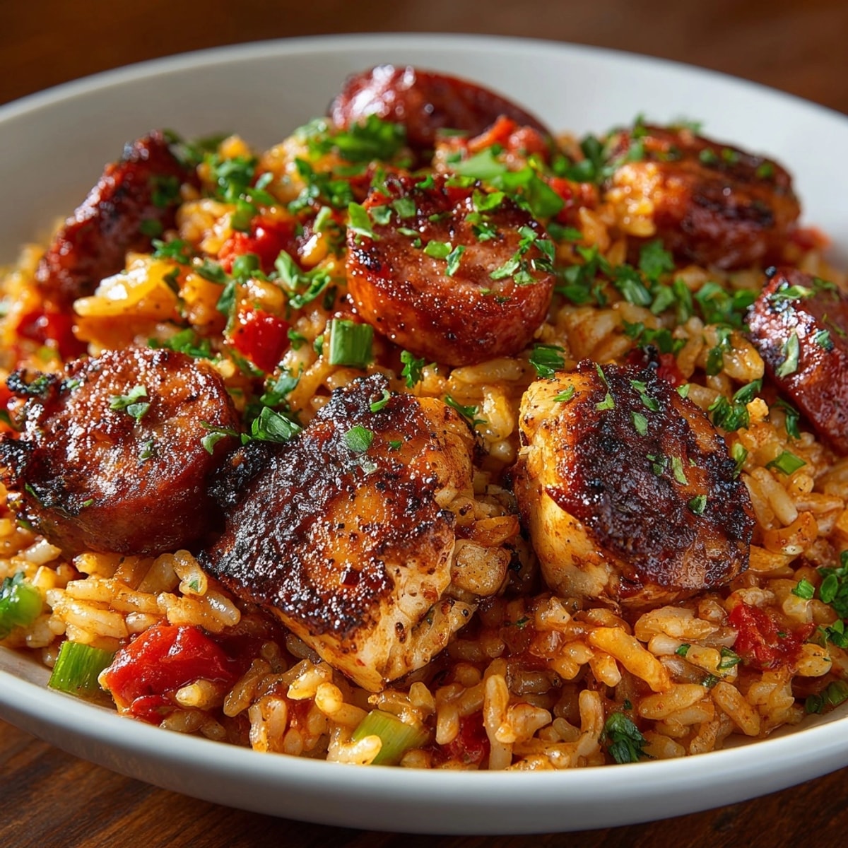 Savory One-Pot Cajun Chicken and Sausage Jambalaya simmers, a flavorful and hearty Southern dinner.
