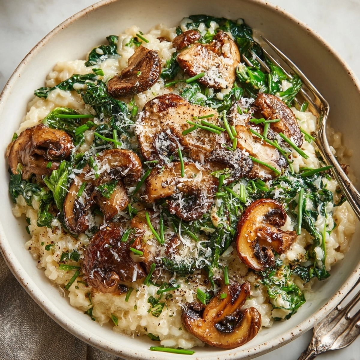 Spoonful of decadent Creamy Mushroom and Spinach Risotto shows rich texture; simple elegance.