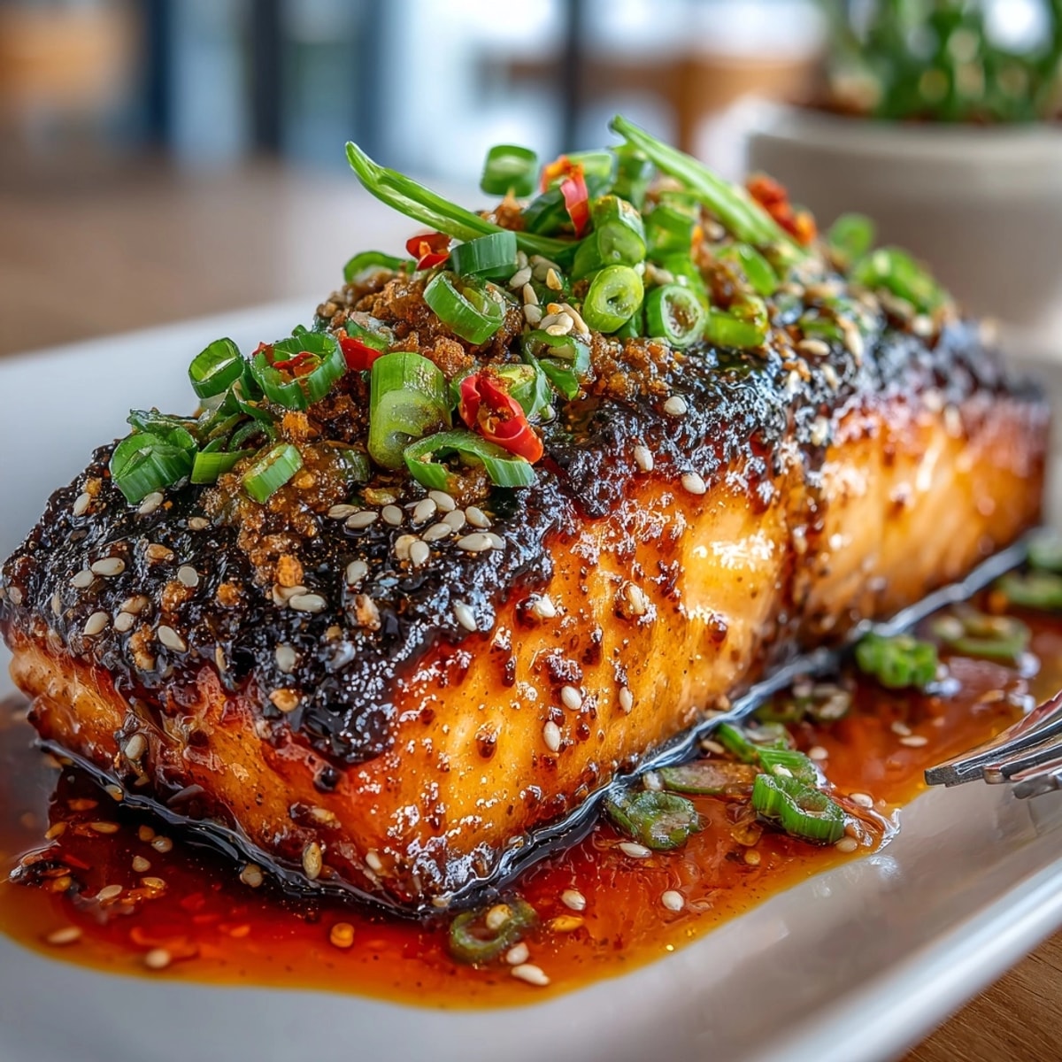 Pan-seared Honey Sriracha Glazed Salmon with a glistening, sticky-sweet glaze, ready to serve.