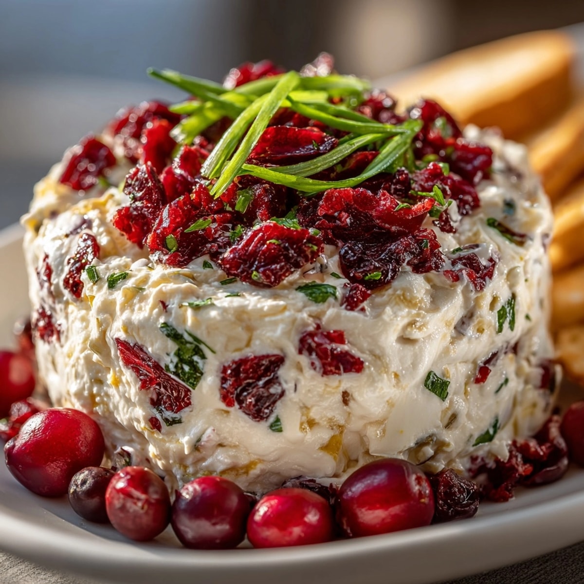 Tangy Cranberry Jalapeño Cream Cheese Dip, swirled and ready to scoop onto crackers.