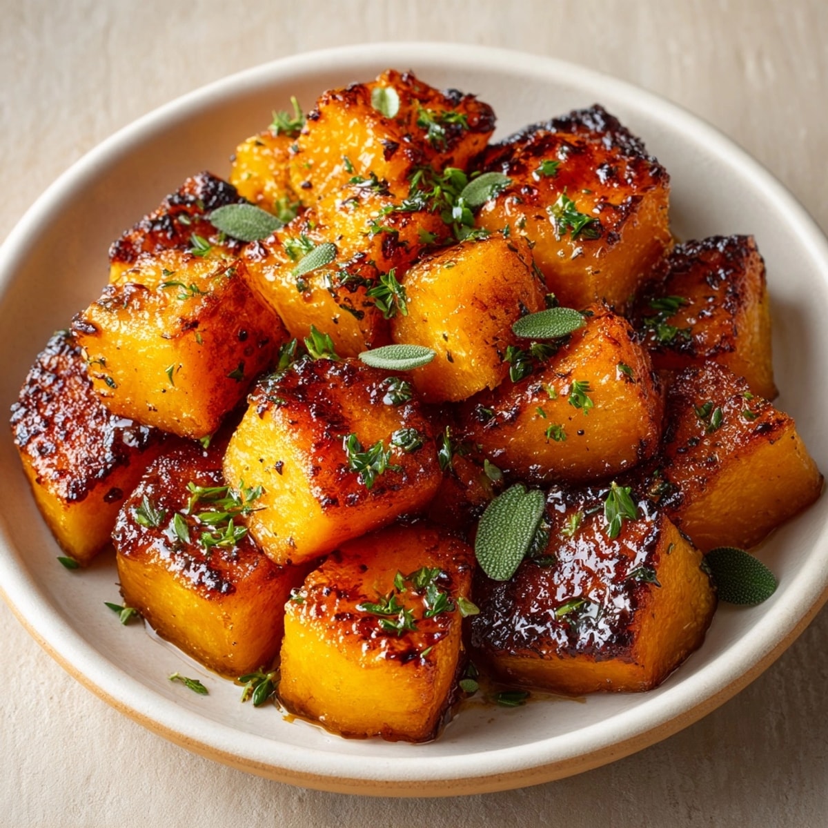Maple Glazed Roasted Butternut Squash: Golden brown, caramelized edges hint at sweet, nutty flavor.