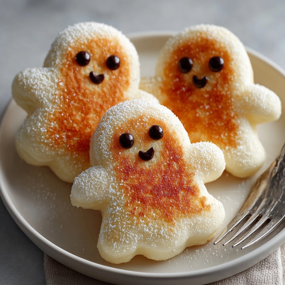 Stack of yummy homemade Ghost Pancakes, dusted with powdered sugar, ready for a Halloween breakfast.