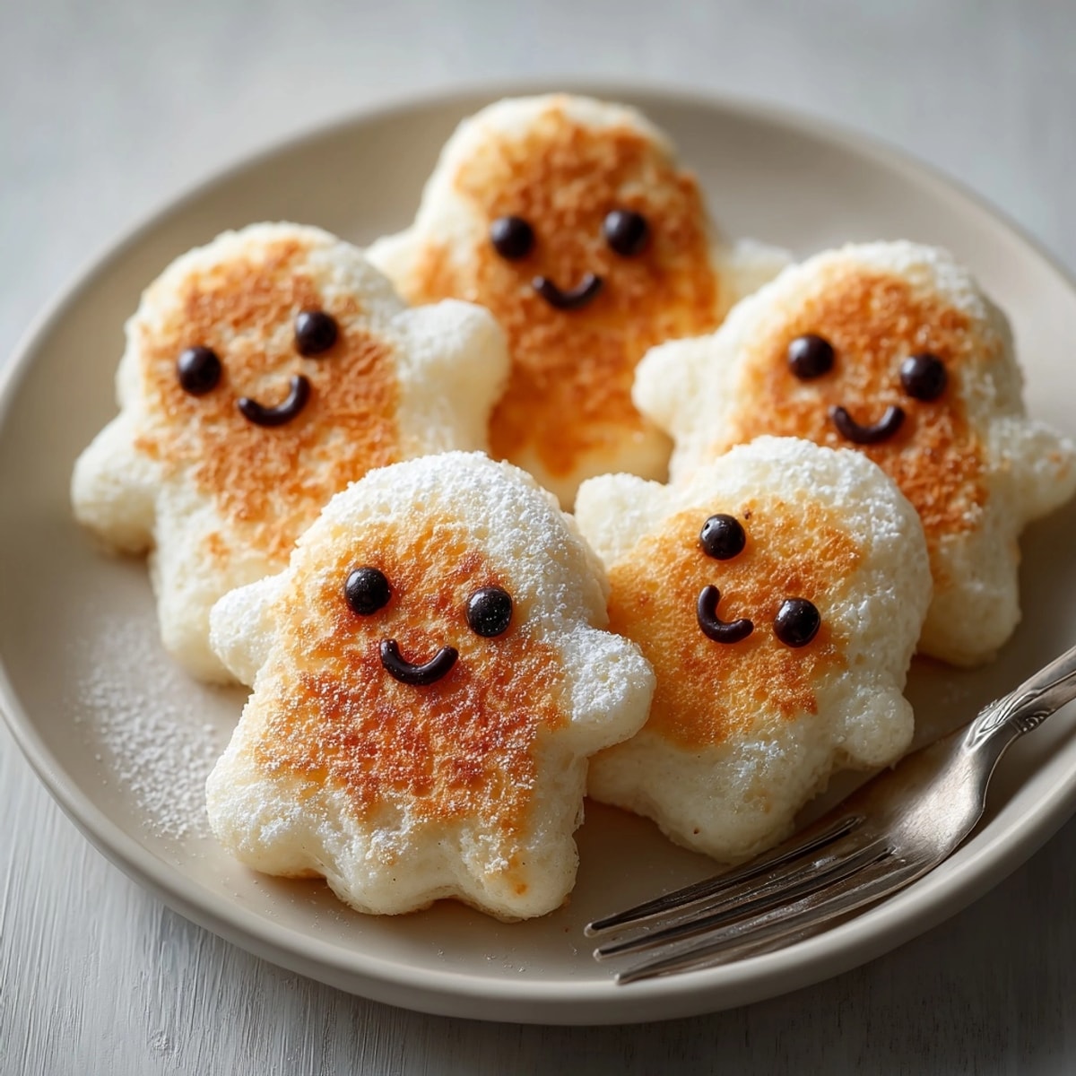Warm plate of ghostly shaped Ghost Pancakes; add chocolate chips for spirited, edible faces.