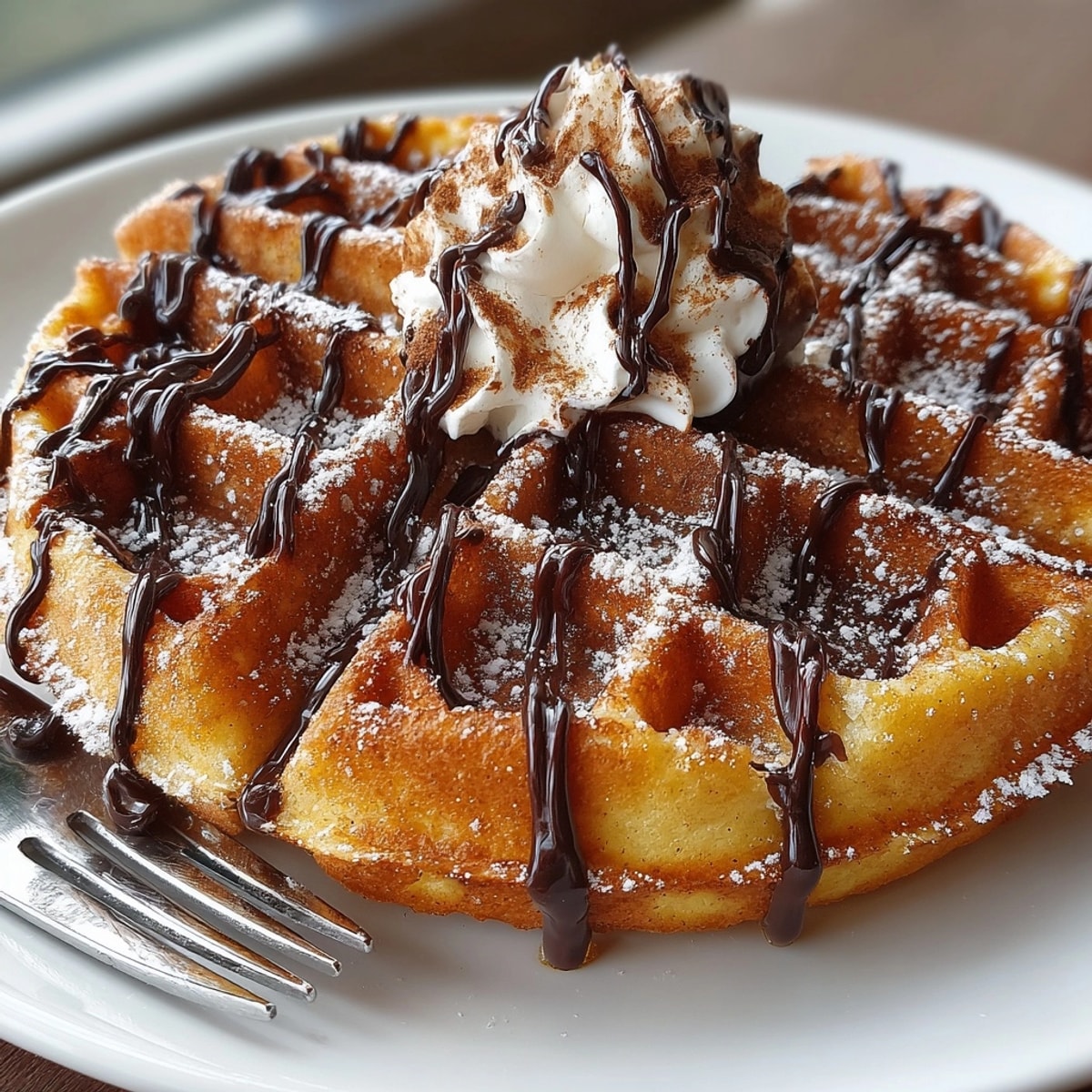 Golden Pumpkin Spice Waffles with Chocolate Web, piping hot and ready to enjoy.