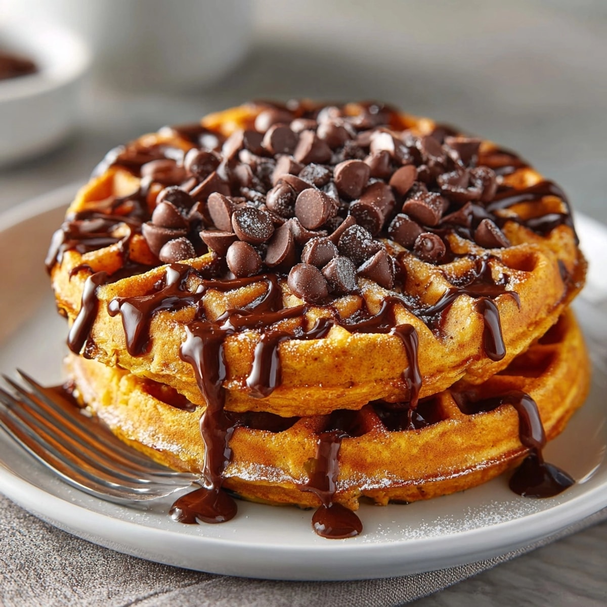 Close-up of a stack of Pumpkin Spice Waffles with Chocolate Web drizzle, lightly crisp.