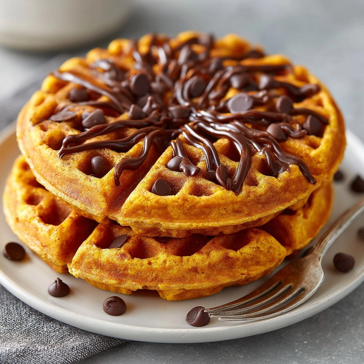 Imagine the warm spices while creating these beautiful Pumpkin Spice Waffles with Chocolate Web.