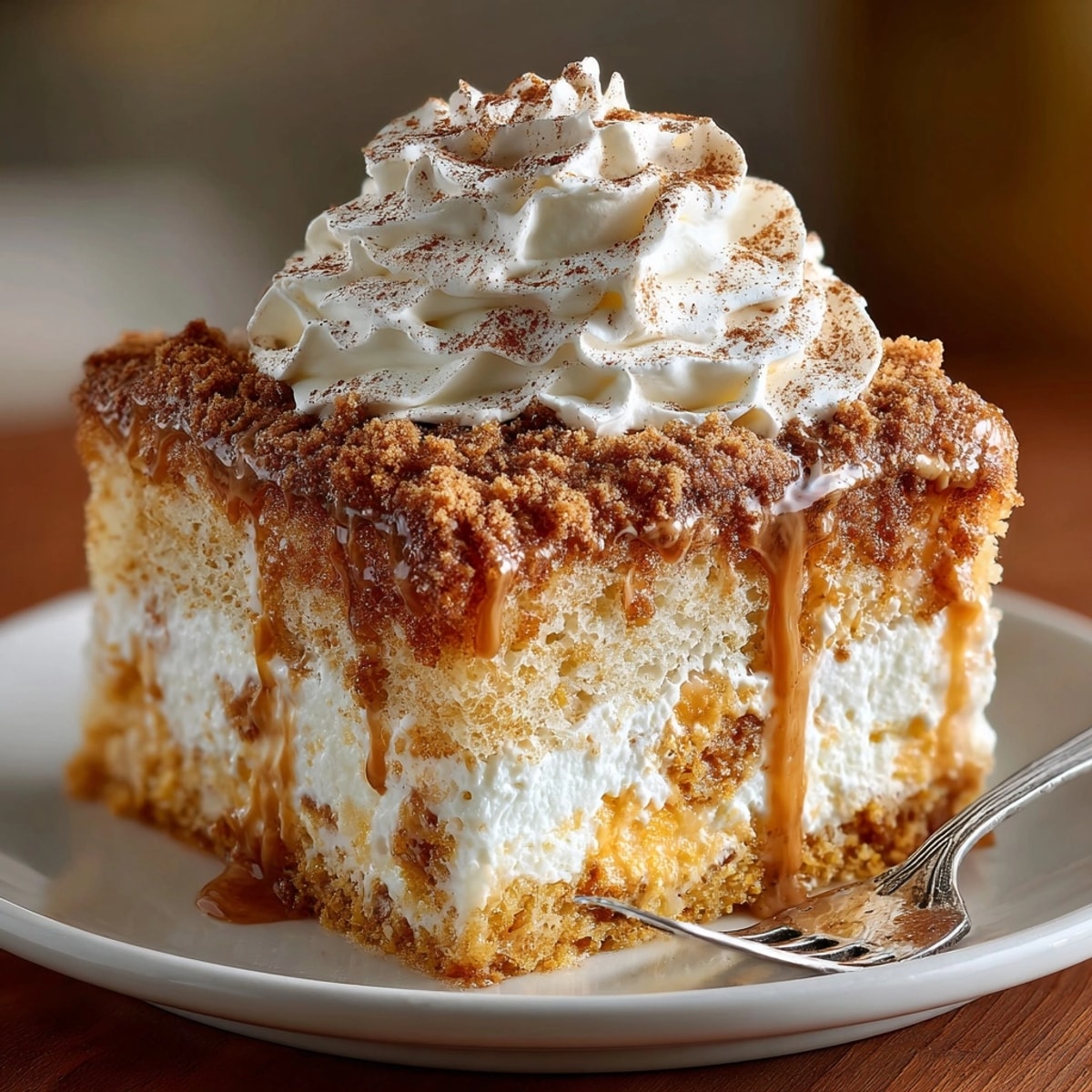 Golden Pumpkin Spice Tres Leches Cake, a festive, creamy bite topped with cinnamon dust.