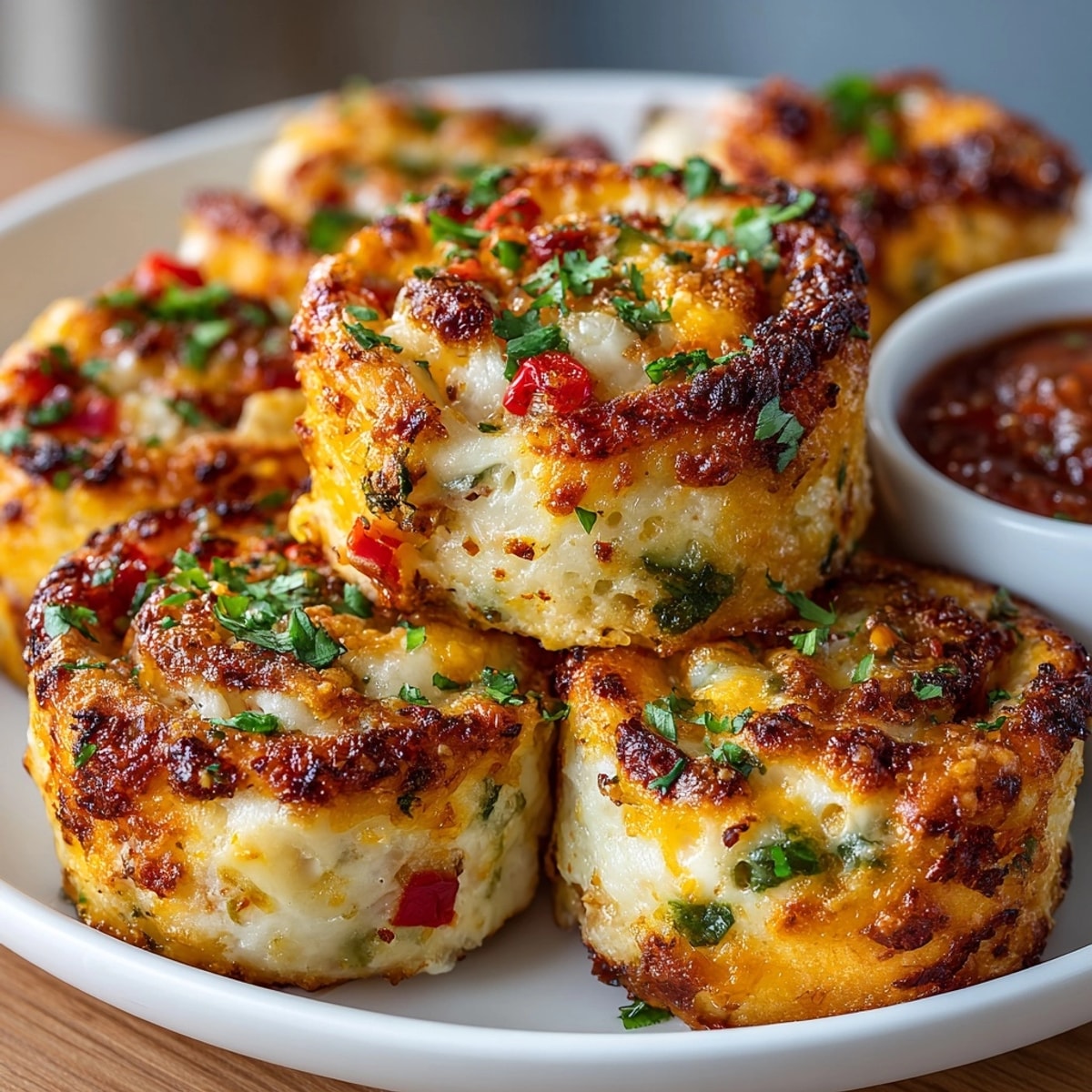 Close-up of golden, baked Cheesy Tex-Mex Pinwheels oozing with melted cheese and spices.