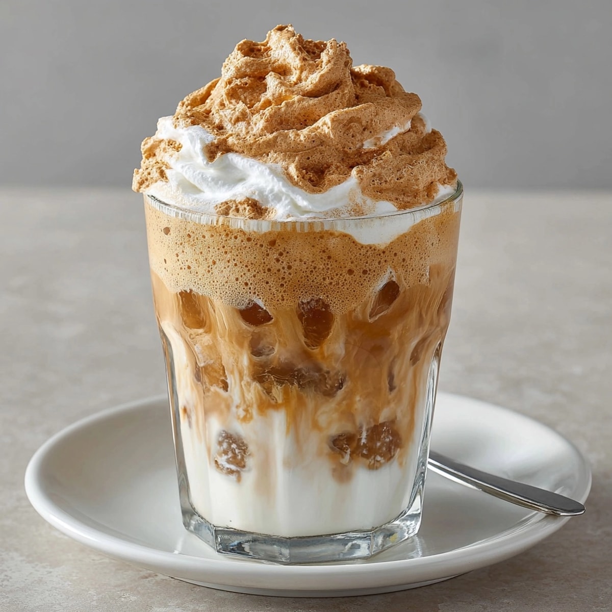 Frothy, whipped Cloud Coffee layered atop cold milk creates a striking, delicious drink.