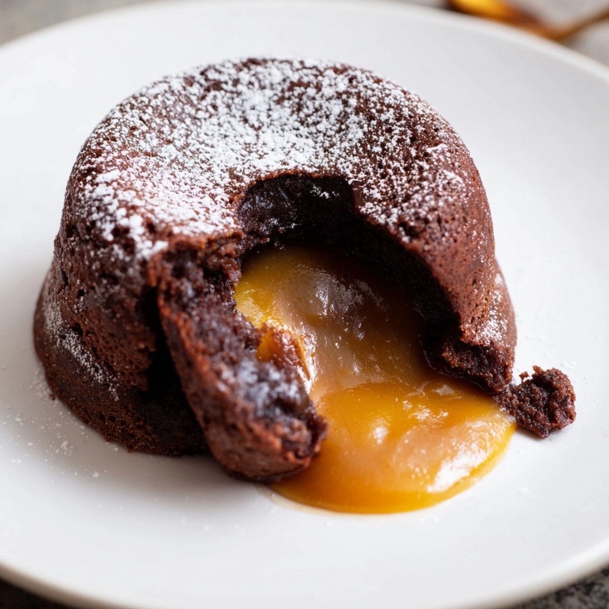 Warm, gooey Molten Caramel Cakes are being inverted onto plates, dusted with sugar.