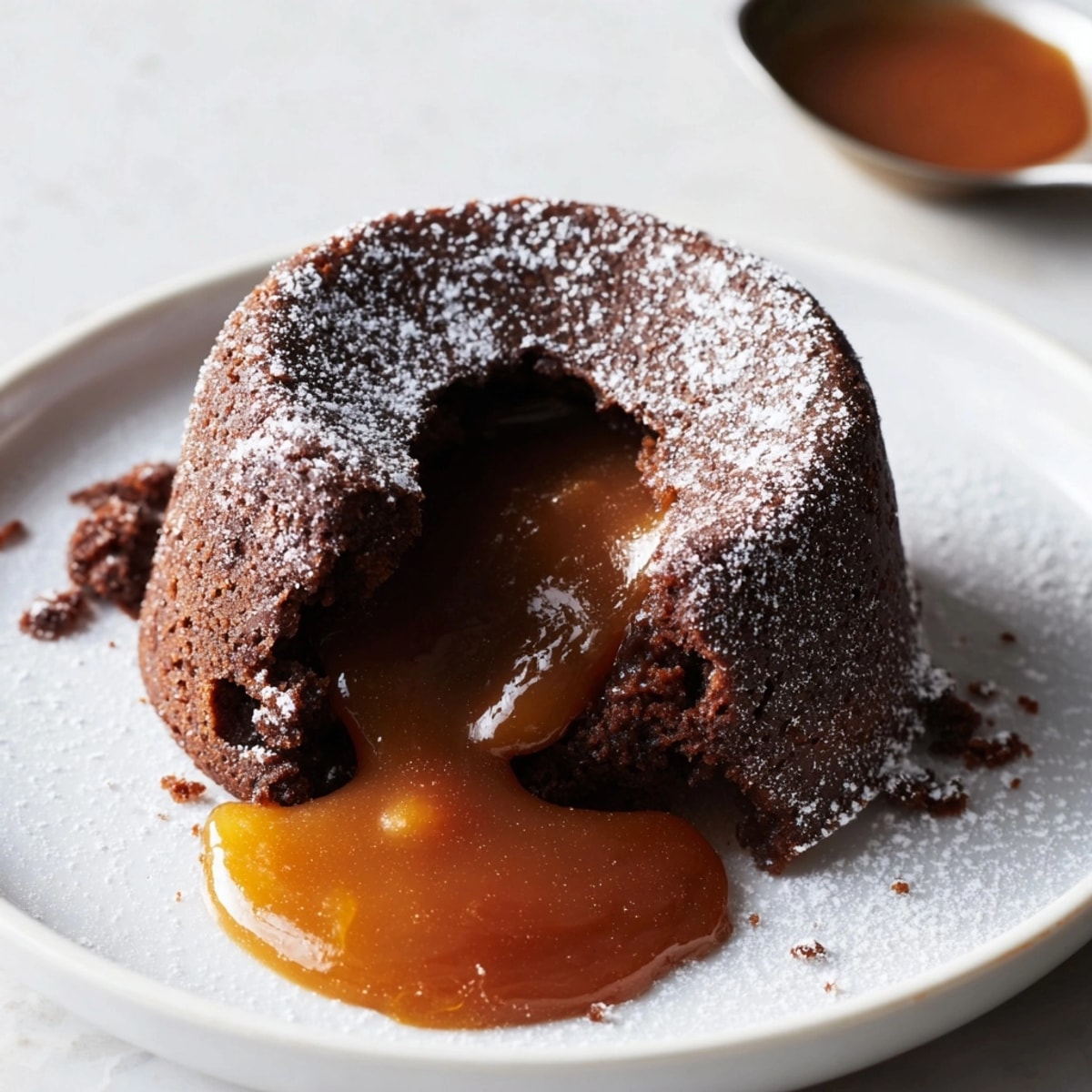 Close-up of Molten Caramel Cakes, oozing rich caramel filling after baking.