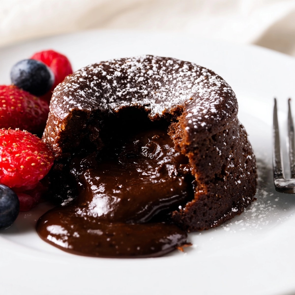 Warm Chocolate Lava Cakes oozing molten chocolate, served with fresh raspberries and powdered sugar.
