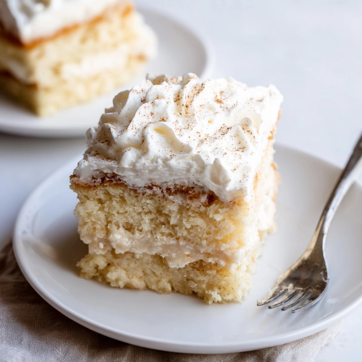 Homemade Tres Leches Cake: A luscious slice reveals its tender texture and milky layers.