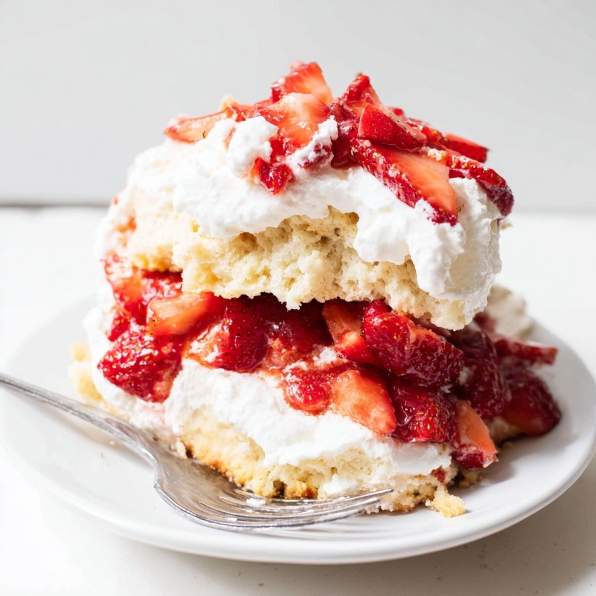 Homemade Strawberry Shortcake: Flaky biscuits, glistening berries, and a swirl of creamy homemade whipped cream.