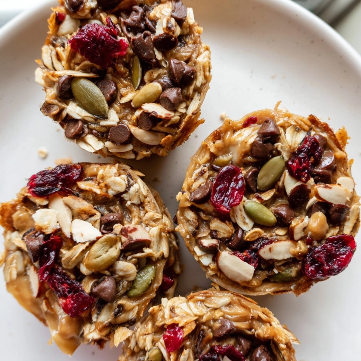 Golden-baked Peanut Butter Trail Mix Breakfast Cups: oats, nuts, honey, and chewy fruit filling.