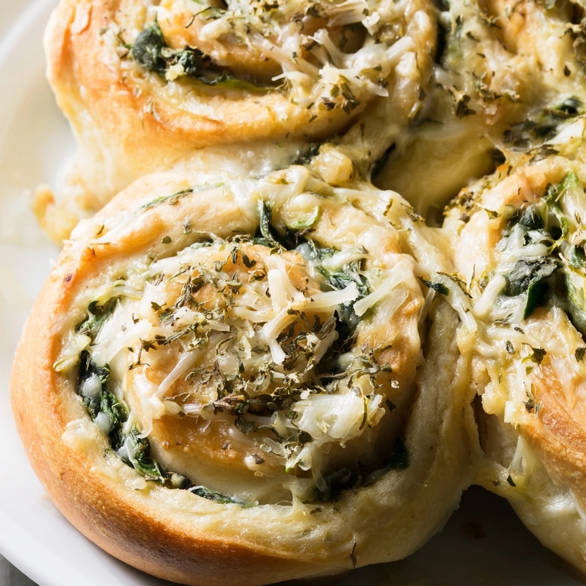 Golden Alfredo Garlic Spinach Pizza Rolls, fresh from the oven, cheesy and aromatic.