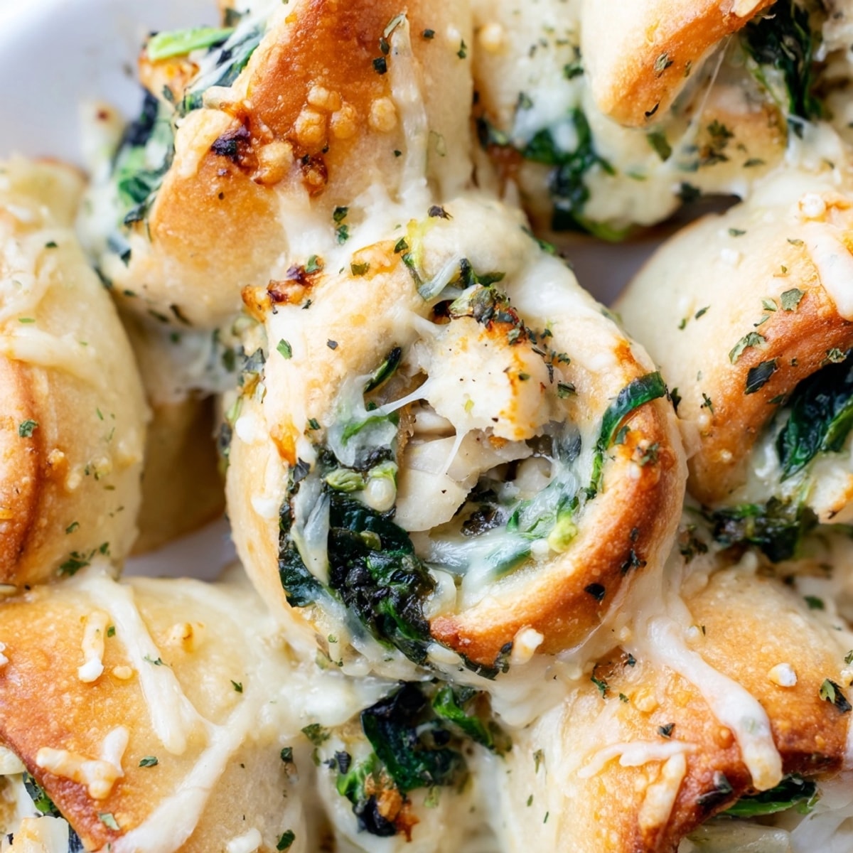Creamy Alfredo Garlic Spinach Pizza Rolls: warm, savory appetizers with bubbly, browned cheese.