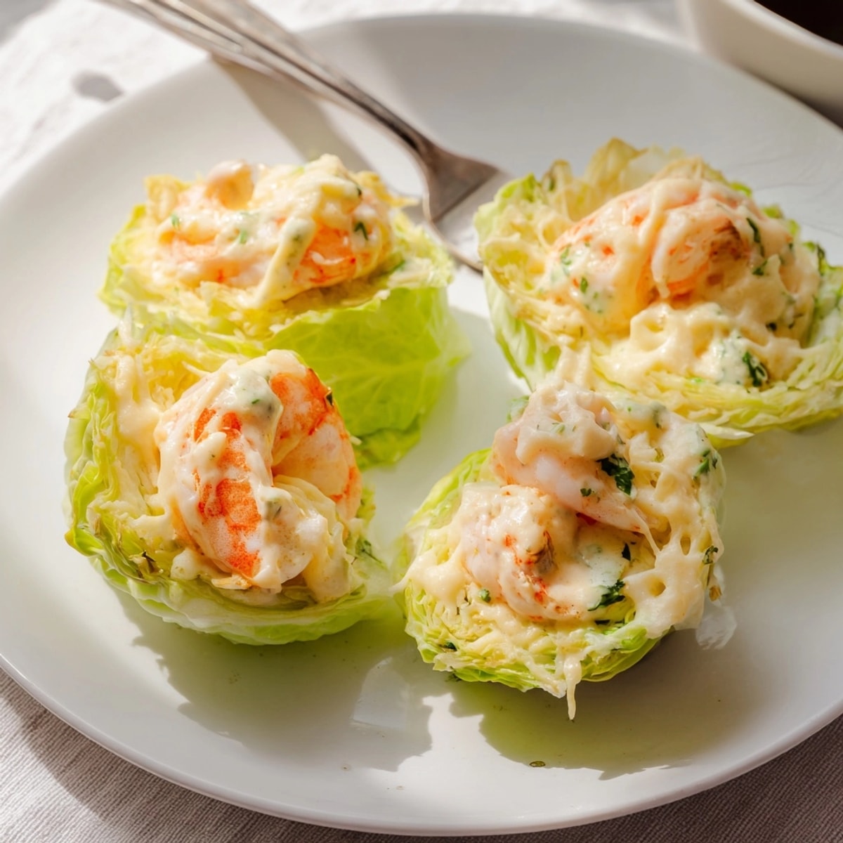 Serving suggestion: Bite into flavorful Shrimp Alfredo Cabbage Cups, garnished with fresh parsley.