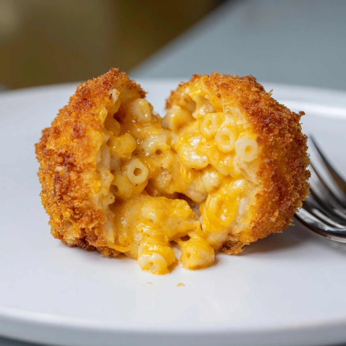 Close-up of golden Mac and Cheese Stuffed Onion Rings, crispy and freshly fried.