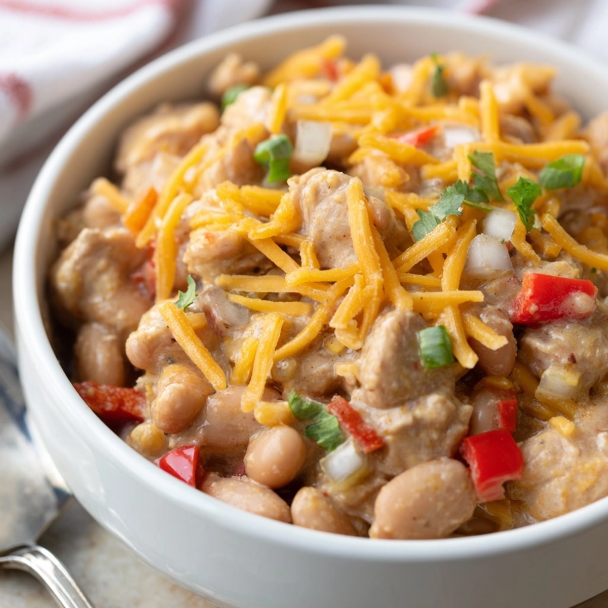 Close-up of savory Cajun Chicken Cheddar Pintos, a cheesy, flavorful one-pot meal.