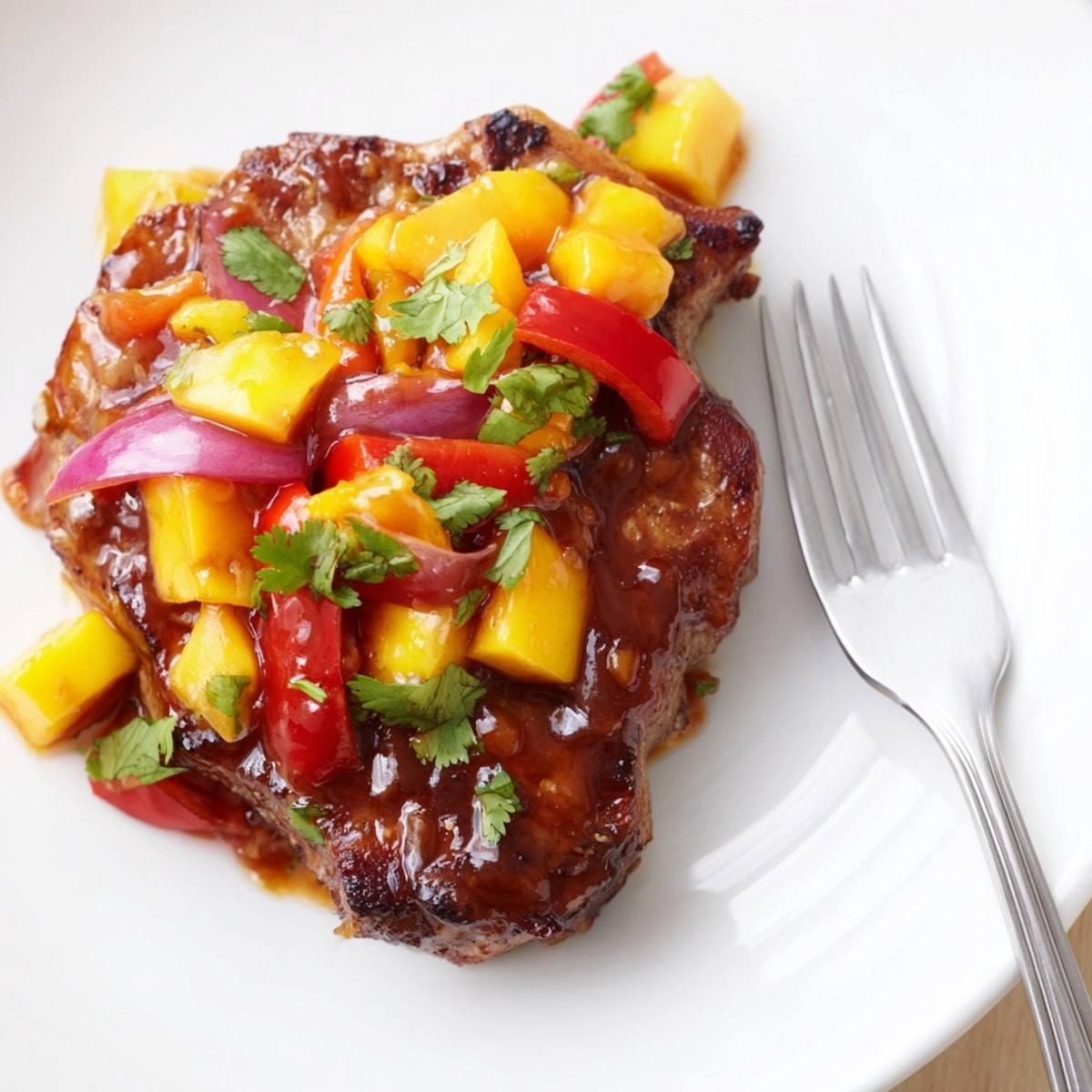 Sweet and savory Mango BBQ Pork Chop Bake, ready to eat with cilantro.