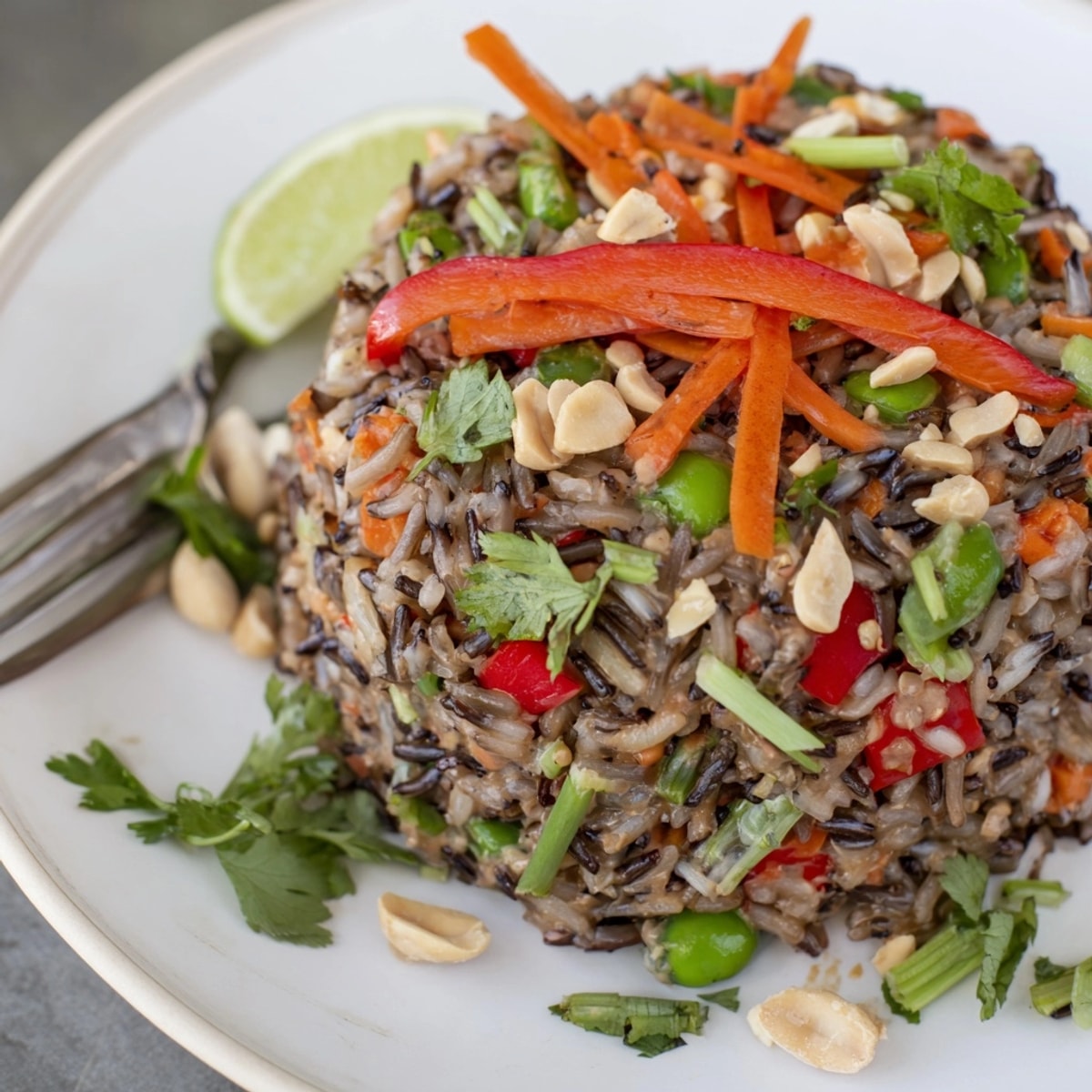 Vibrant Thai Peanut Wild Rice Pilaf with colorful vegetables, drizzled with creamy peanut sauce.
