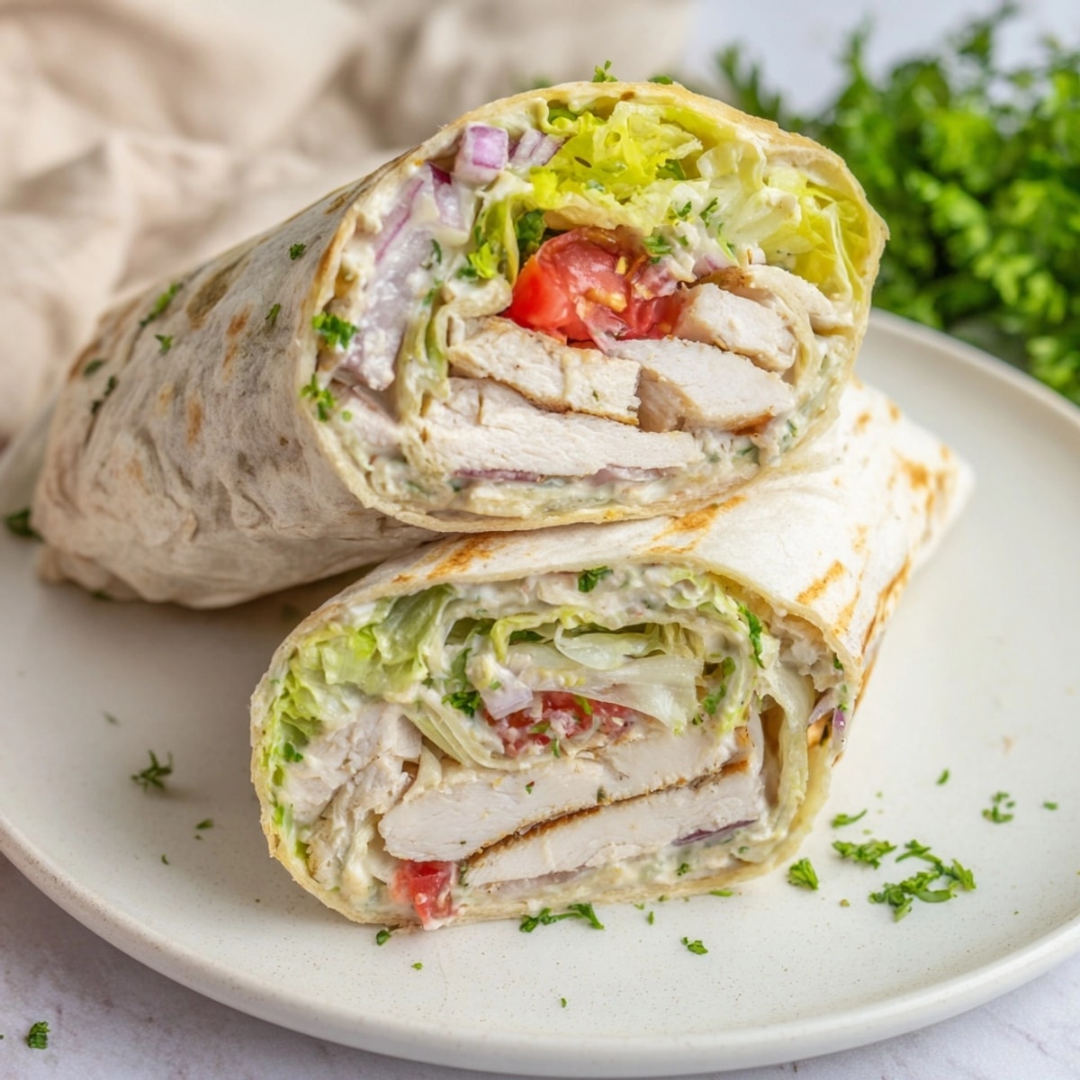 A delicious Garlic Herb Chicken Alfredo Wrap with fresh toppings, ready to enjoy.