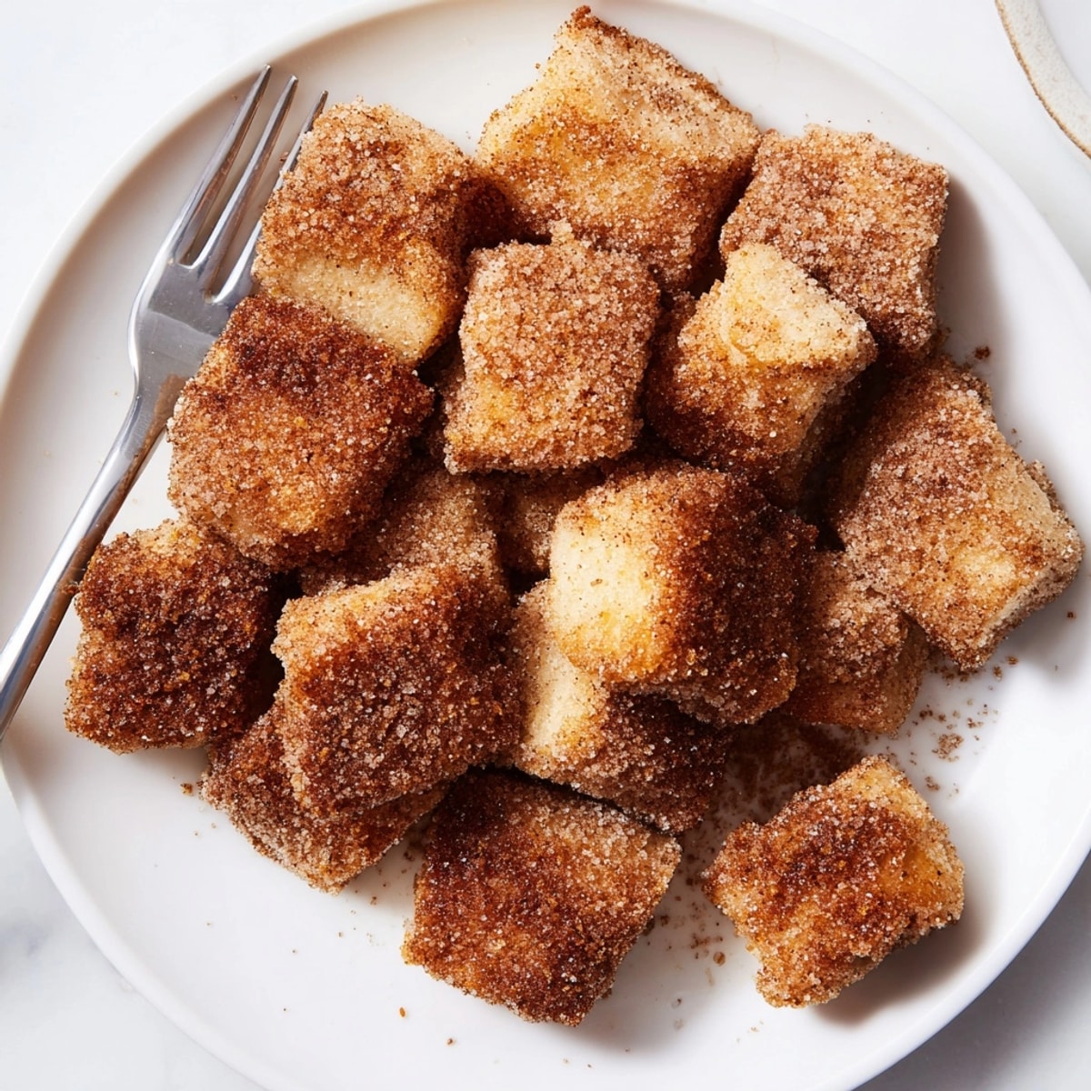 Stacked Cinnamon Brown Sugar French Toast Bites: crispy outside, soft inside; served as breakfast.