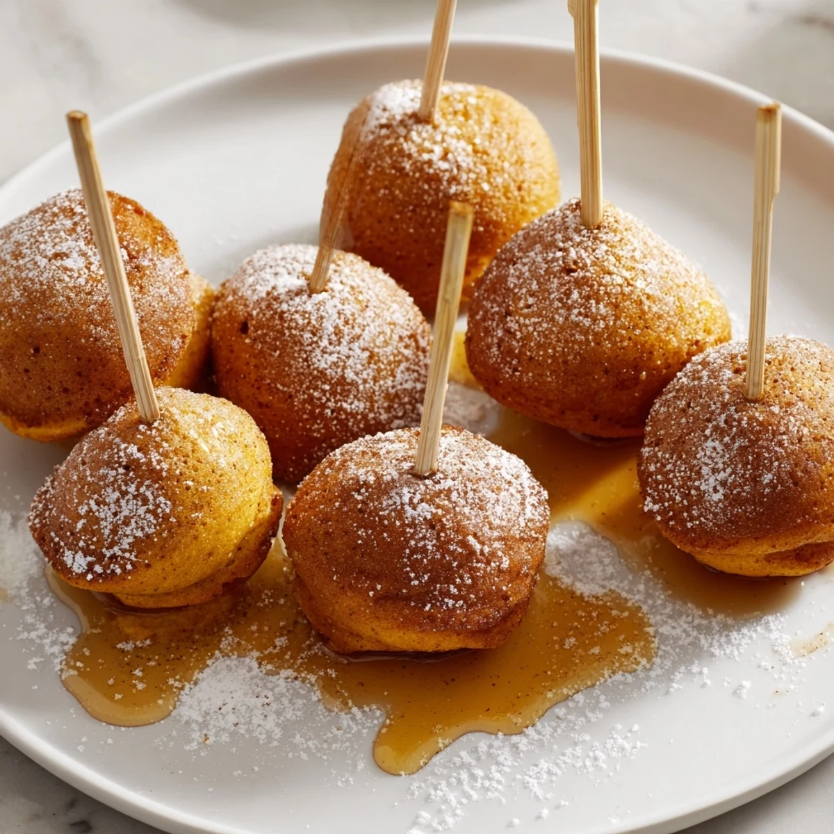 Fluffy pumpkin muffin pancake pops arranged beautifully with warm spices and sweetness.