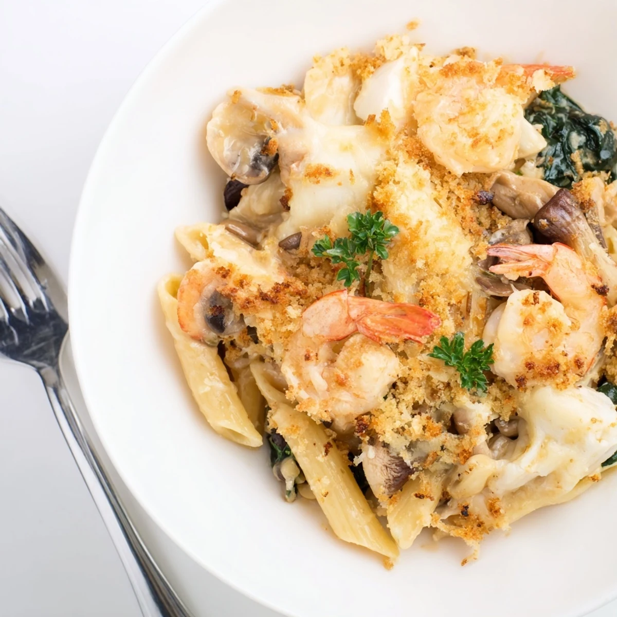 Baked Japanese seafood pasta dish topped with golden panko and creamy sauce. 