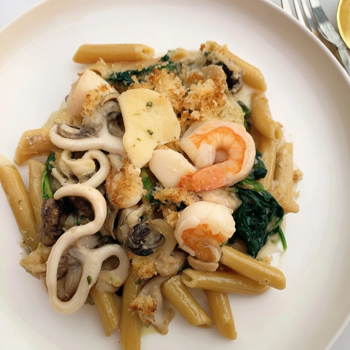 Deliciously creamy Japanese seafood pasta bake with tender shrimp and mushrooms. 