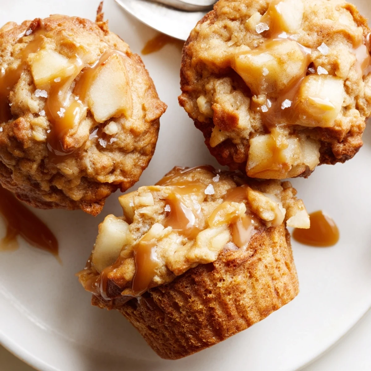 Tender caramel apple kringle muffins drizzled with rich caramel glaze ready to enjoy.  