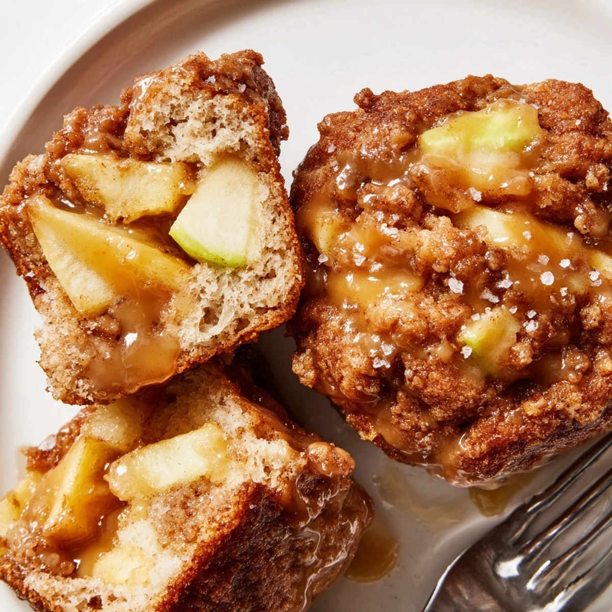 Delicious caramel apple kringle muffins showcasing apples and cinnamon beneath a sweet glaze.