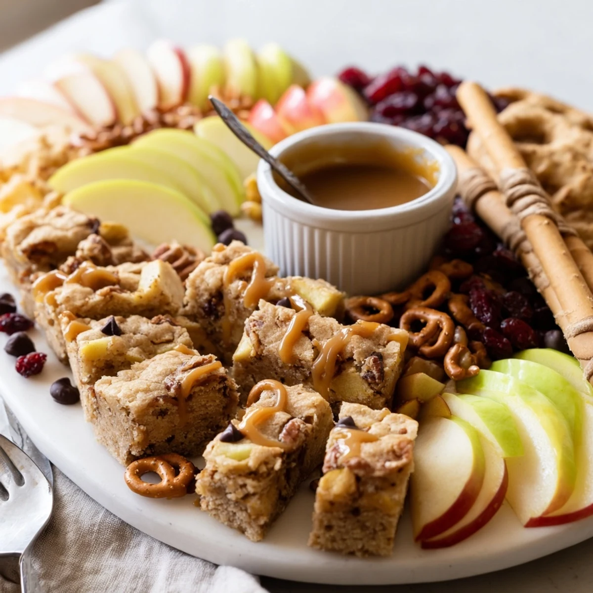 Chewy Caramel Apple Blondie Charcuterie Board with fresh apples and rich caramel sauce.  