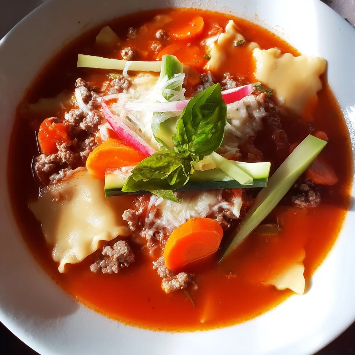 Warm and comforting Lasagne Soup, garnished with tangy pickled vegetables for freshness.  