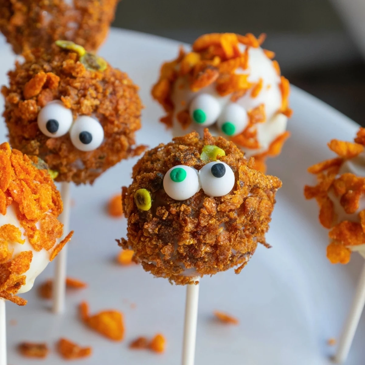 Delicious Flamin Hot Dill Pickle Sweet Potato Monster Cake Pops coated in spicy crunch and sweet flavor.
