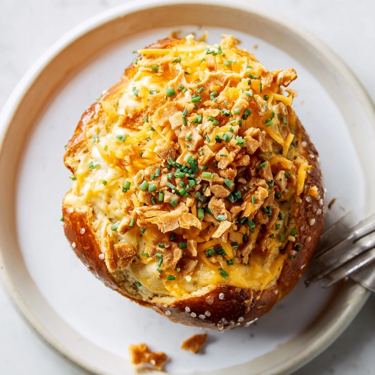 Savory Buffalo Ranch Cream Cheese Pretzel Muffins with a crunchy pretzel topping.  