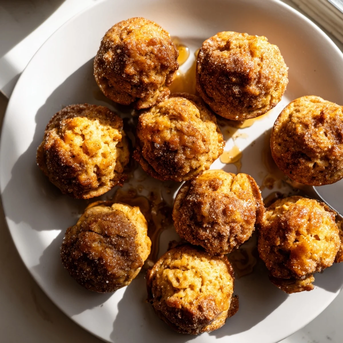 Warm biscuit muffin balls drizzled with maple syrup and rolling in cinnamon sugar.  