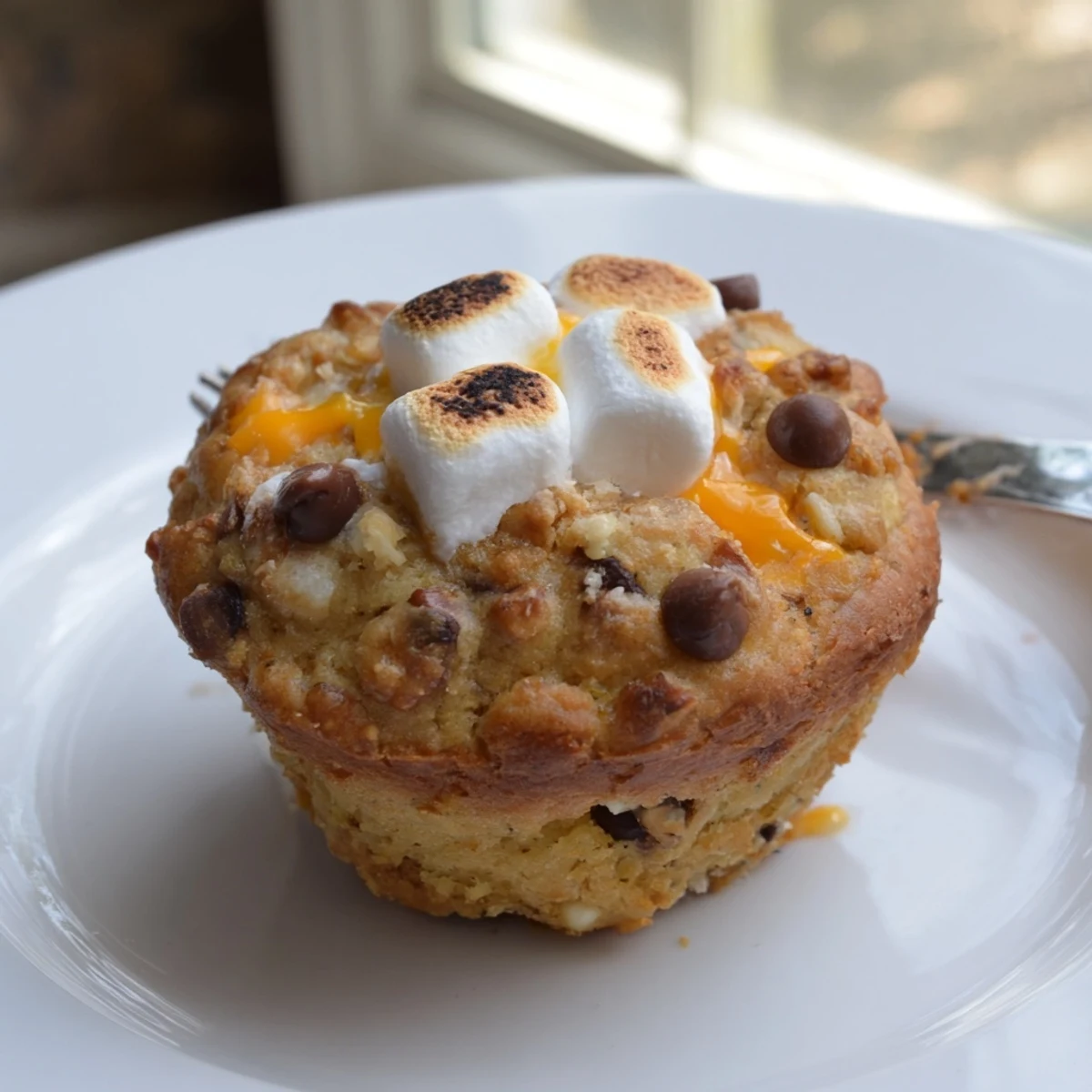 Delicious Smores Cheesy Jalapeño Biscuit Muffins topped with gooey chocolate and marshmallows.  