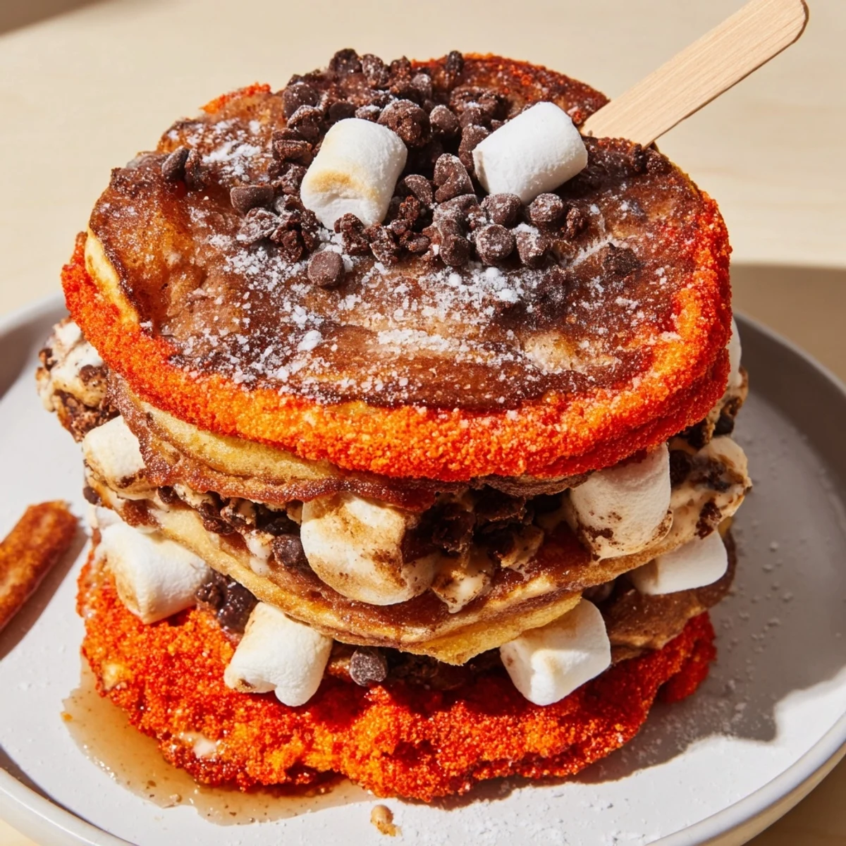 Indulgent Smores Churro Cake Pancake Pops coated in spicy-sweet Flamin Hot crumbs.  