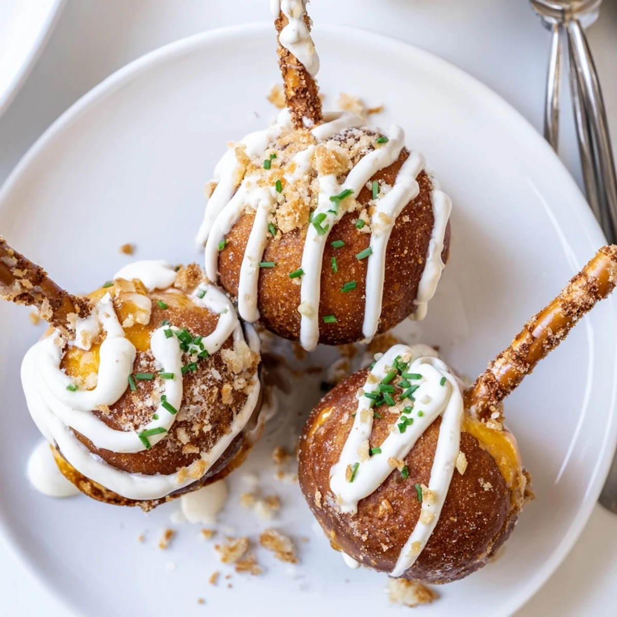 Delicious Cheesy Pretzel Buffalo Ranch Churro Cake Pancake Pops rolled in cinnamon sugar.  