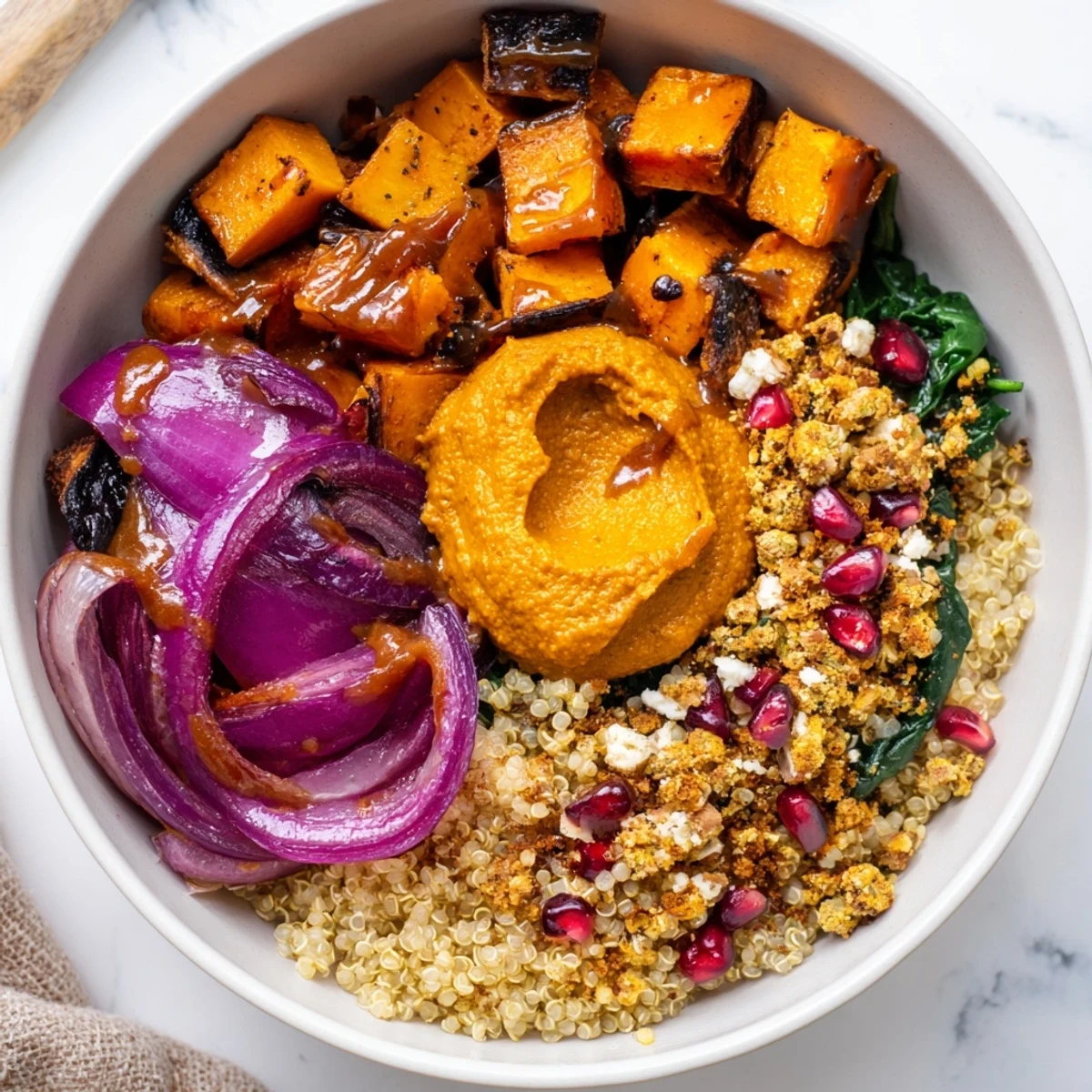 Warm Spiced Winter Bowls filled with roasted veggies and creamy ube-coconut purée.