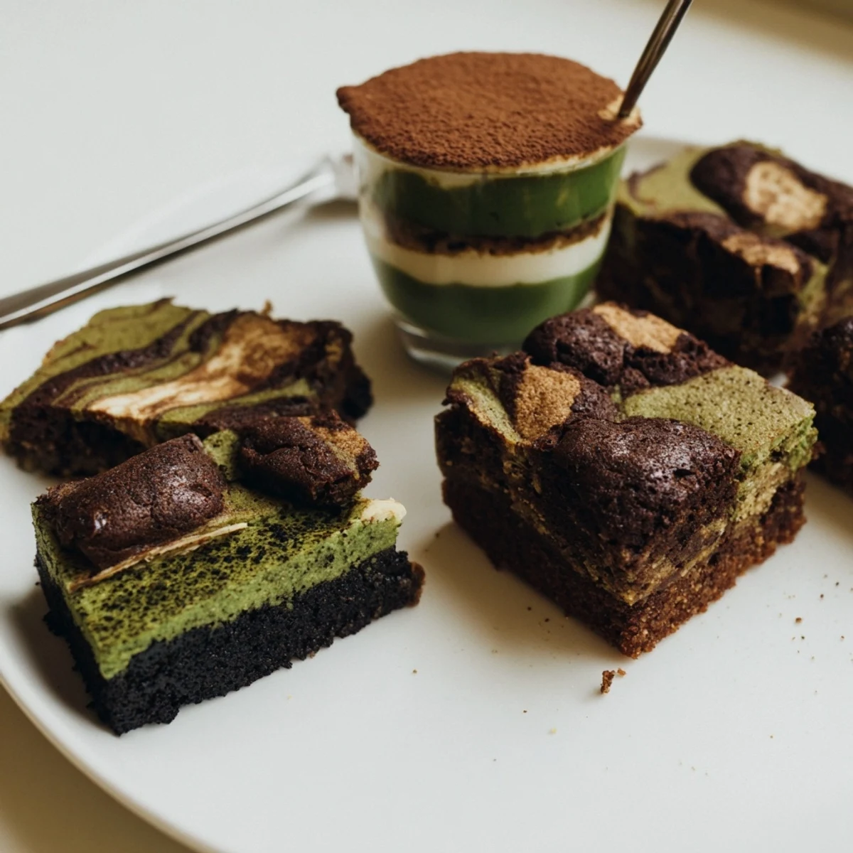Decadent matcha-miso brownies, topped with a glossy chocolate layer, tempt taste buds.  