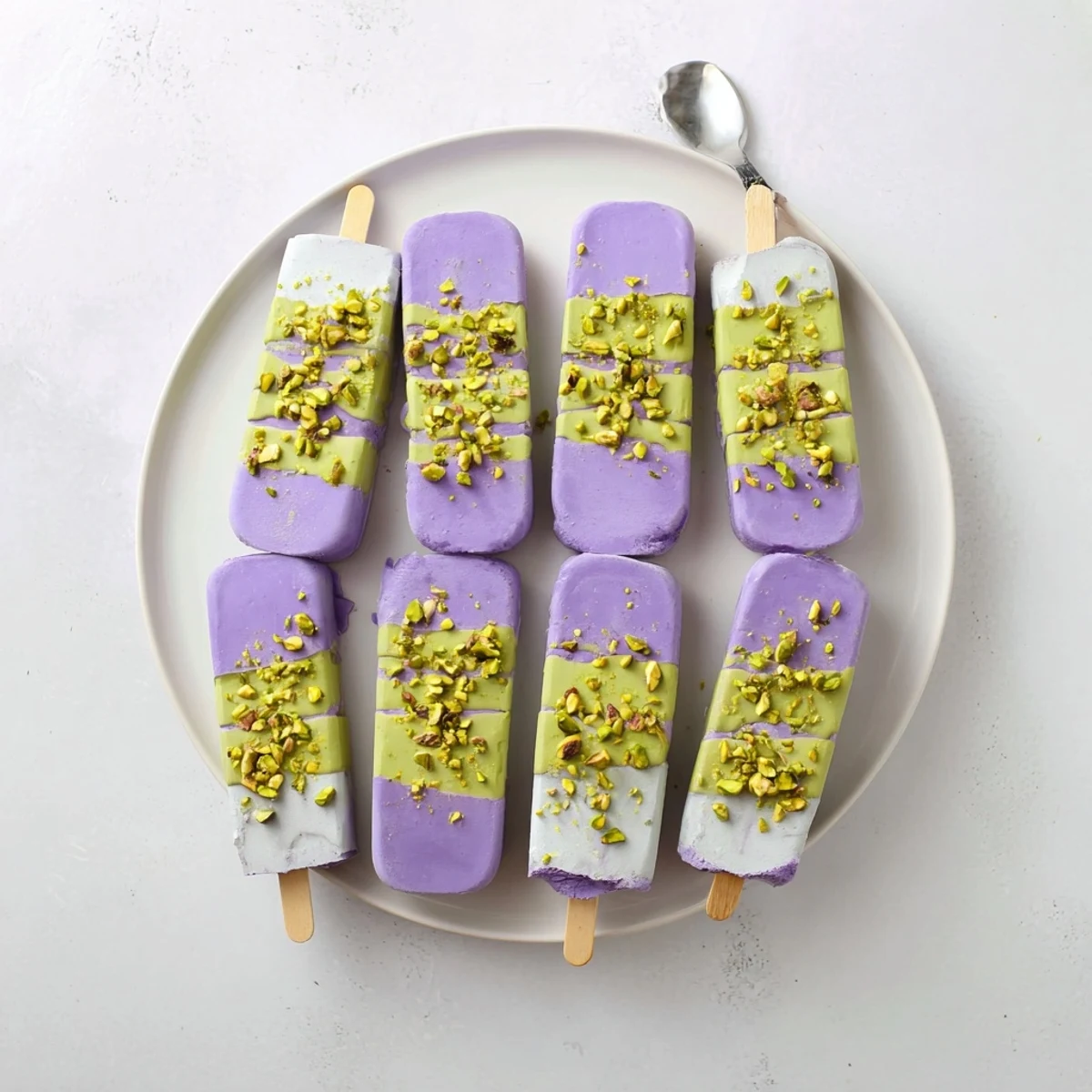  Deliciously layered ube and pistachio ice cream bars with nuts and creamy sweetness.