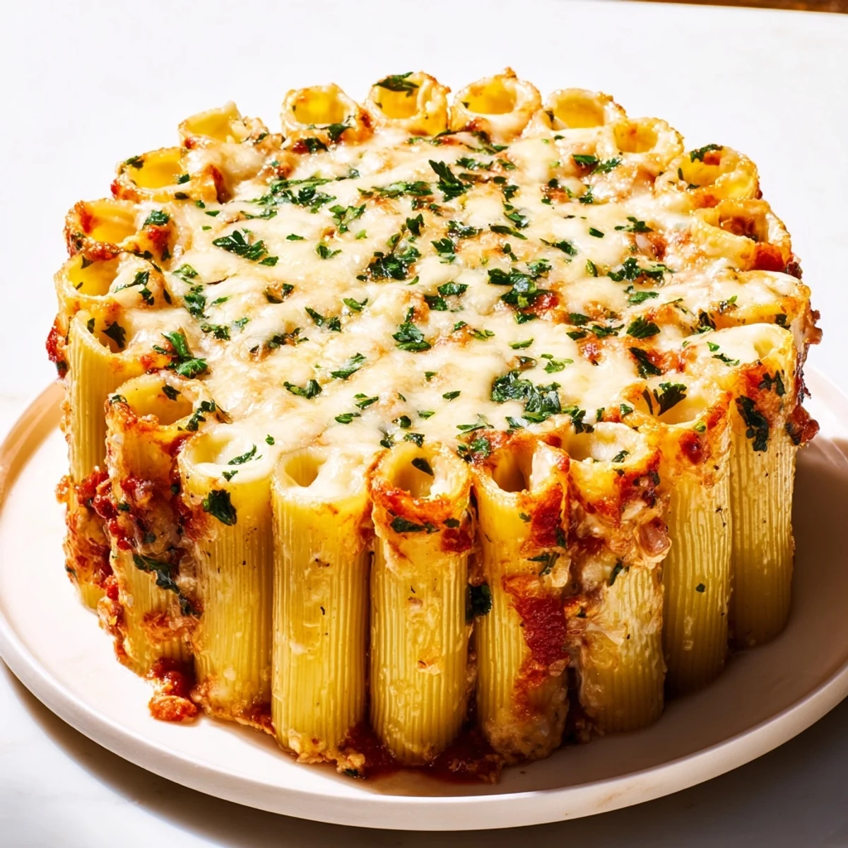 Delicious Honeycomb Pasta Cake with rich tomato sauce and gooey melted cheese.  