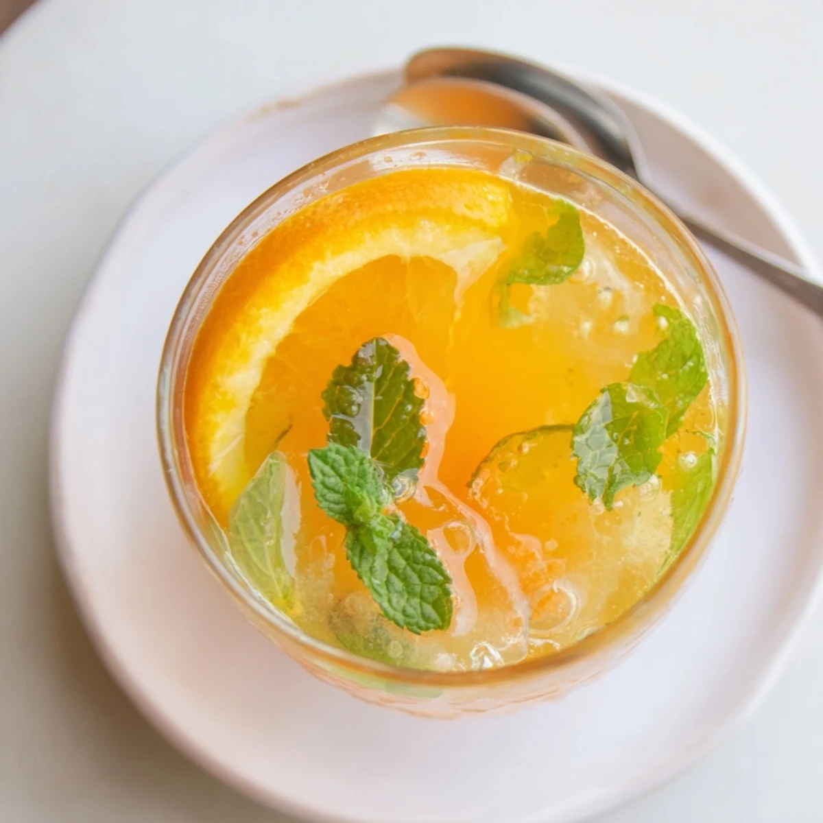 Refreshing probiotic soda mocktail garnished with mint and orange slices in glasses.  