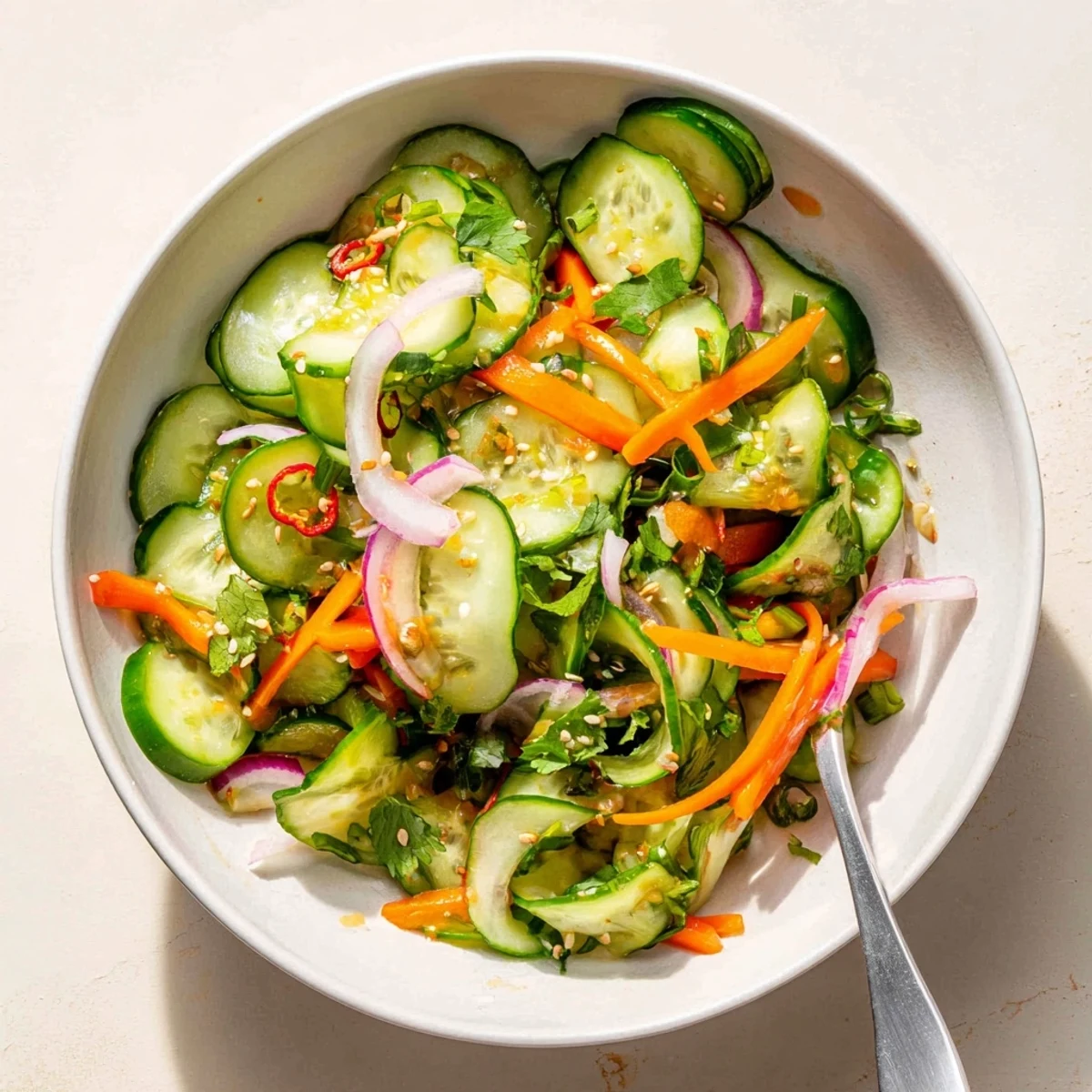 Vibrant cucumber salad remix with sesame oil, perfect for light summer meals.  