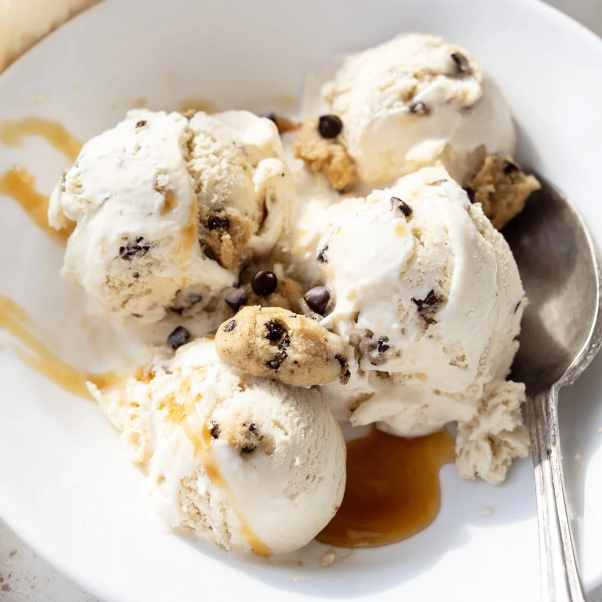 Delicious cottage cheese ice cream swirled with mini chocolate chip cookie dough.  