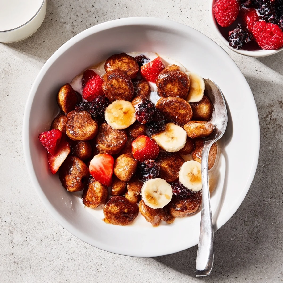 Adorable mini pancake cereal served with fresh berries and drizzled syrup.  