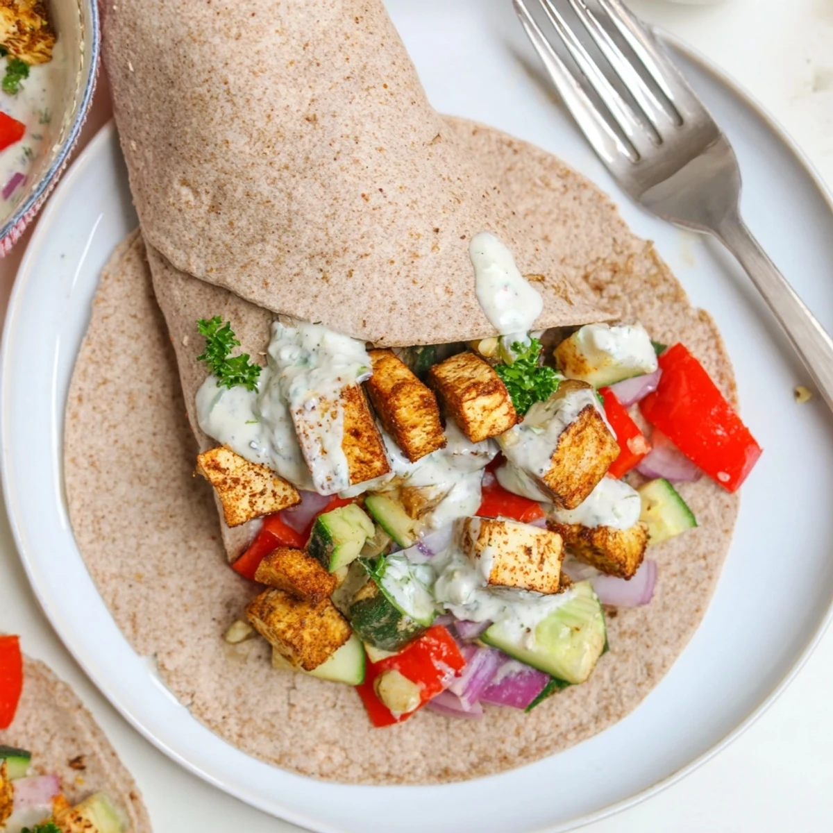 Vibrant vegan viral recipe remake featuring roasted tofu and fresh vegetables in wraps.  